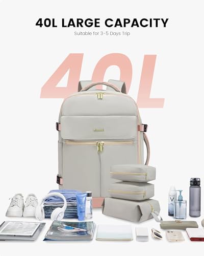LOVEVOOK Carry On Backpack, 40L Travel Backpack Women with 3 Packing Cubes, TSA Airline Approved Suitcase Bag as Personal Item, Waterproof 17 inch Laptop Backpack for Weekender Overnight,Grey Pink - color: Grey Pink, size: 40L-17.3 Inch-4Pcs