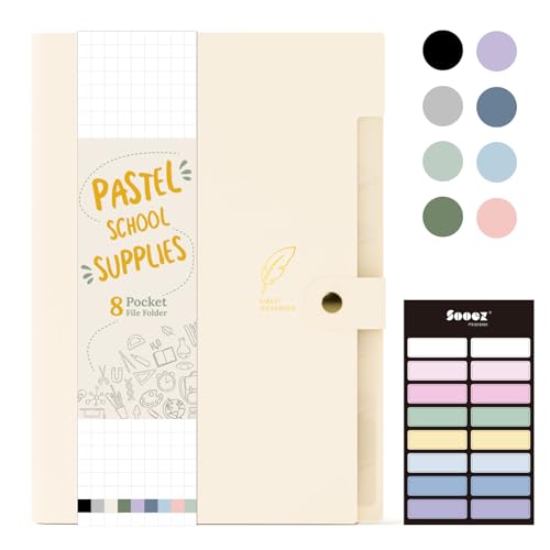 Sooez Aesthetic 8 Pocket Accordion File Organizer, Pastels Expanding File Folder for Important Document with Labels, Portable Receipt Bill Paper Organizer for Office School Supplies, Letter Size Beige - color: Beige
