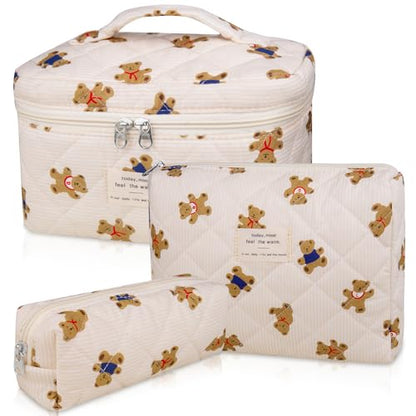 Gosect 3PC Makeup Bag Set, Quilted Makeup Bag, Large Floral Cosmetic Bag for Women, Cute Cotton Makeup Bags, Flower Travel Toiletry Organizer Bag (Bear) - color: Bear