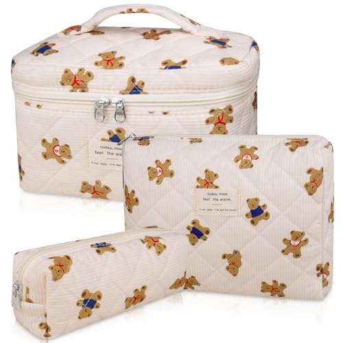 Gosect 3PC Makeup Bag Set, Quilted Makeup Bag, Large Floral Cosmetic Bag for Women, Cute Cotton Makeup Bags, Flower Travel Toiletry Organizer Bag (Bear) - color: Bear