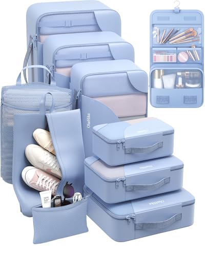 10 Set Packing Cubes for Travel, Gifts for Women Mom,Anti-Tearing Suitcase Organizer,OlarHike Vacation Essentials & Accessories for Cruise Ship - color: 07 Light Blue
