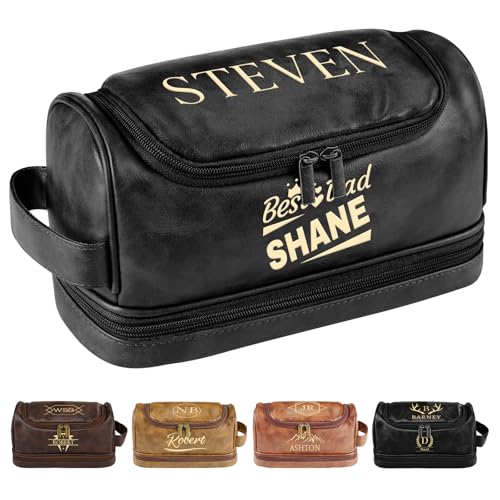 Personalized Toiletry Bag for Men, Engraved Name & Text, Father's Day Birthday Gifts for Men, Dad, Leather Men's Toiletry Bag for Traveling, Customized Gifts for Husband, Grandpa, Lover (Black) - color: Black