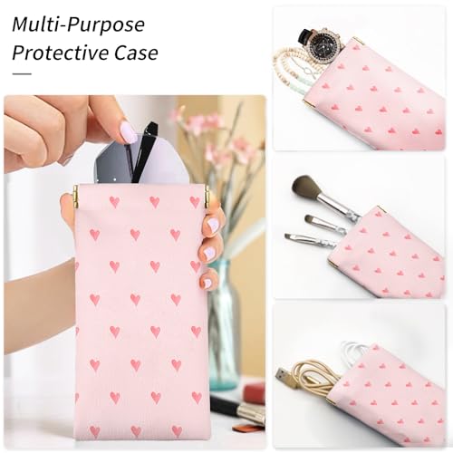 Glasses Case Soft, Eyeglass Cases for Women Portable Squeeze Top PU Leather 2 Pack Glasses Pouch with Cleaning Cloth - color: 2pcs Pink Heart Print