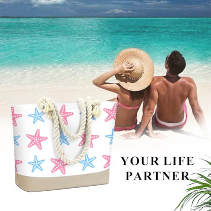Fokongna Tote Bag For Women, Beach Bag Best Friend Travel Birthday Gifts, Travel Parties Vacation Shopping Essentials - color: Pink Blue Starfish