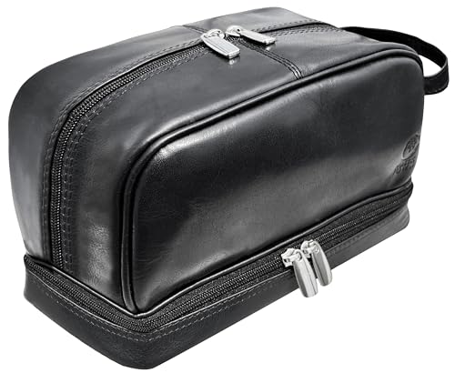 RUSTIC TOWN Leather Toiletry Bag - Waterproof Ditty Kit for Men and Women, Travel Organizer for Full-Size Essentials, TSA Approved - color: Black