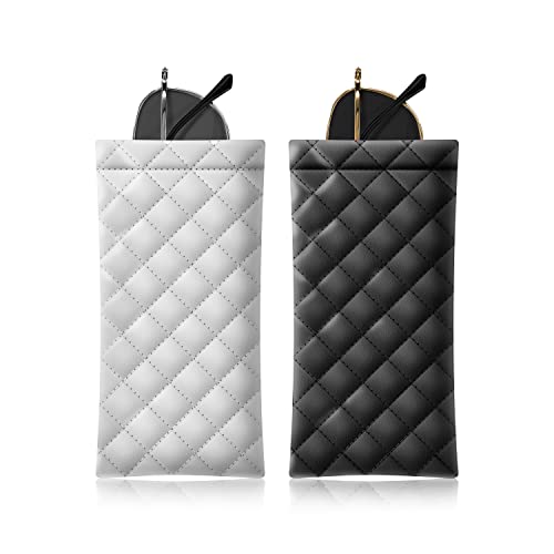 Squeeze Top Sunglass Pouch - Portable Sunglass Organizer Pouch Bags Soft PU Leather Glasses 2 Pack - color: Black-white