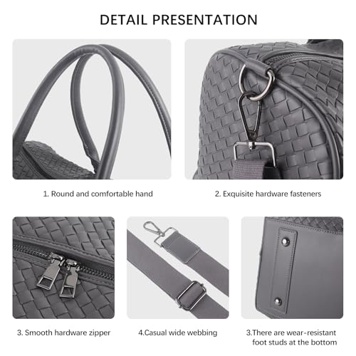 Weekender Bags for Women Woven Leather Travel Duffle Bag with Shoe Compartment, Carry On Garment Bag for Men Women, Large Capacity Water-resistant Gym Tote (Gray) - color: Gray