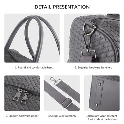 Weekender Bags for Women Woven Leather Travel Duffle Bag with Shoe Compartment, Carry On Garment Bag for Men Women, Large Capacity Water-resistant Gym Tote (Gray) - color: Gray