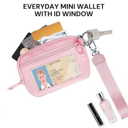 YDF The Iris Wallet for Women Mini Zip Card Case with Clear ID Window Zipper Coin Purse Lightweight Portable Keychain Wallet - color: Pink