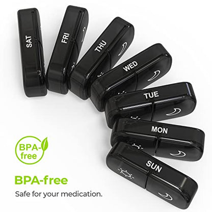 AUVON XL Weekly Pill Organizer 2 Times a Day, Pill Box 7 Day with One-Side Large Openings for Easy to Use, Black Privacy Protection AM PM Pill Case for Medication, Vitamins, Fish Oils, Supplements - color: Black