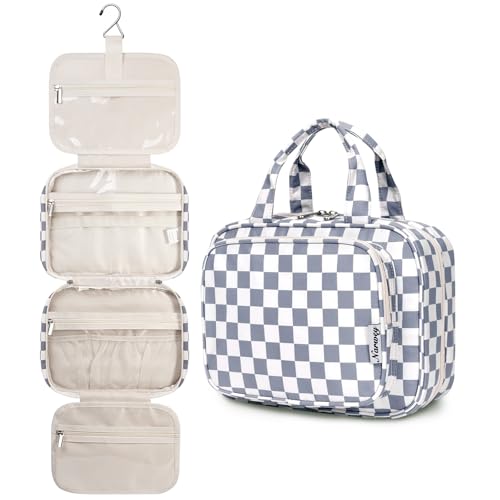 Narwey Hanging Toiletry Bag for Women Travel Makeup Bag Organizer Toiletries Bag for Travel Size Essentials Accessories Cosmetics (Grayish Blue Checkerboard (Medium)) - color: B-Grayish Blue Checkerboard, style: Medium