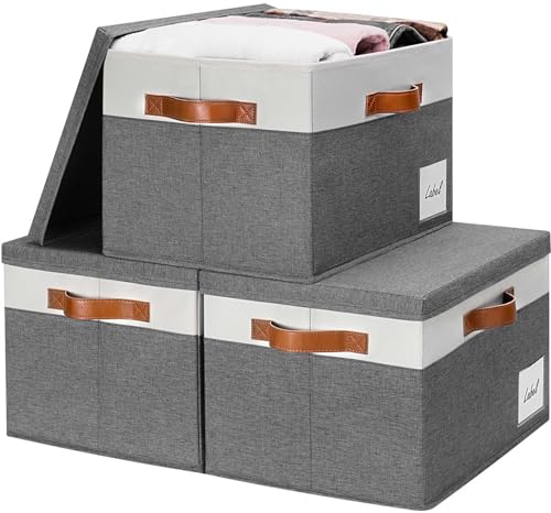 GhvyenntteS Storage Bins with Lids 3 Pack, Large Storage Baskets with Lids and Label, Foldable Fabric Storage Boxes with 3 PU Handles for Organizing Shelves Home Nursery Office (Grey, 15x11x9.6) - color: Grey with White, size: Large-3 Pack