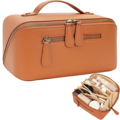Travel Makeup Bag Large Capacity Cosmetic Bags for Women Waterproof Make up Organizer Toiletry Bag Open Flat Portable with Divider with Handle Pouch (Brown, 3L) - color: Brown, size: 3L