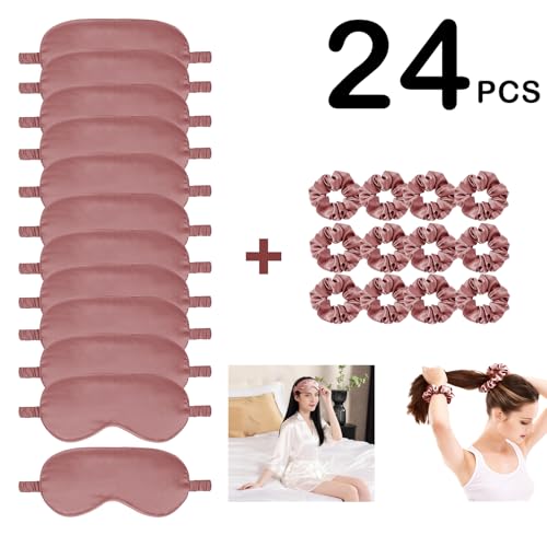 24Pcs Satin Eye Mask Silk Sleep Masks Silky Eyes Cover Blackout Blindfold Eyeshade Scrunchies Hair Ties Travel Wedding Gift - color: Sandalwood