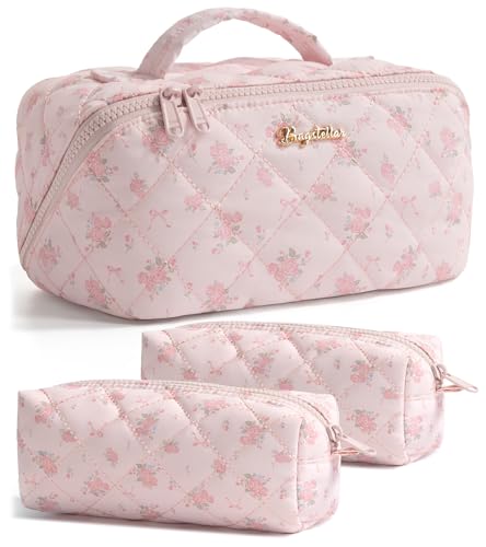 Travel Makeup Bag, 3 Pcs Large Capacity Puffy Toiletry Bag for Women, Open Flat Make up Cosmetic Organizer w/Handle & Clear Divider Water-resistant Portable Pouch Travel Essentials, M-Pink Rose - color: Pink Rose, size: medium