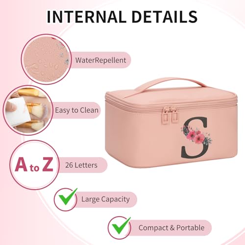 OCHEAL Initial Makeup Bag,Monogram Make up Bag Pink Travel Makeup Organizer Case Beauty Toiletry Cosmetic Bag with Brush Holder, Trendy Stuff Personalized Gifts for Women and Girls-S - color: Pink, style: S