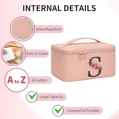 OCHEAL Initial Makeup Bag,Monogram Make up Bag Pink Travel Makeup Organizer Case Beauty Toiletry Cosmetic Bag with Brush Holder, Trendy Stuff Personalized Gifts for Women and Girls-S - color: Pink, style: S