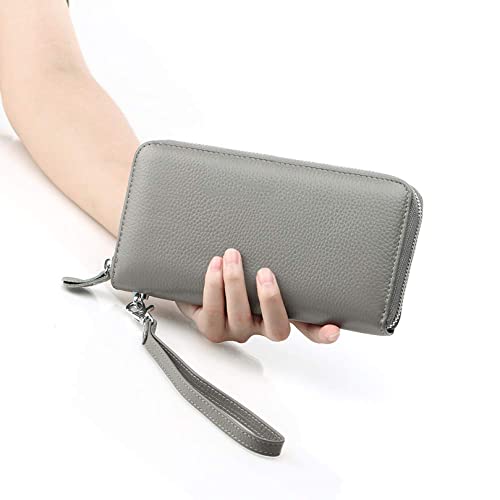 Moflycom Womens Wallet RFID Blocking Genuine Leather Zip Around Wallet Clutch Wristlet Travel Long Purse for Women - color: Grey