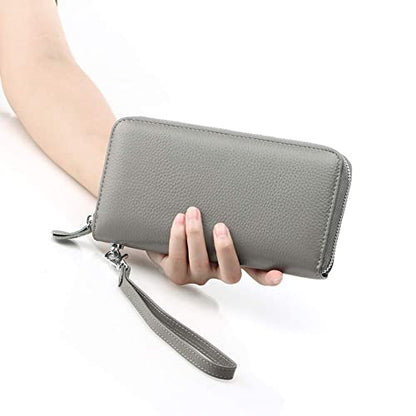 Moflycom Womens Wallet RFID Blocking Genuine Leather Zip Around Wallet Clutch Wristlet Travel Long Purse for Women - color: Grey
