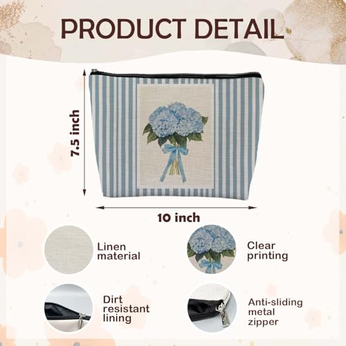Blue Hydrangea Makeup Bag, Coquette Blue Bow Floral Cosmetic Bags Gifts for Women, Preppy Girly Striped Portable Travel Toiletry Bag Zipper Makeup Pouch - color: Flower two
