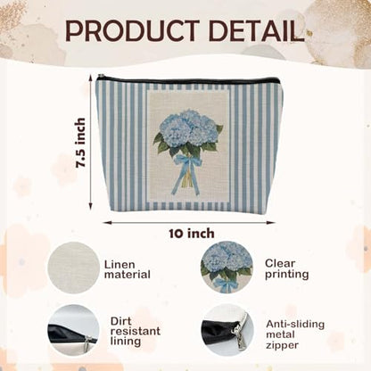Blue Hydrangea Makeup Bag, Coquette Blue Bow Floral Cosmetic Bags Gifts for Women, Preppy Girly Striped Portable Travel Toiletry Bag Zipper Makeup Pouch - color: Flower two