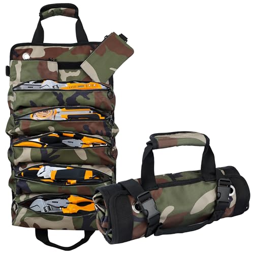Portable Foldable Roll Up Tool Bag, Heavy Duty Tool Organizer Bag with 5 Compartments & 2 Detachable Pouches for Tools Storage, Waterproof Tool Roll Bag for Dad Men Electrician Mechanic Gifts - color: Camouflage