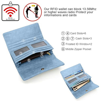 APHISON Womens Wallets RFID Blocking Leather Clutch Long Wallet for Women Card Holder Phone Organizer Ladies Travel Purse Hollow Out Sunflower Design Gift - color: d-Blue2