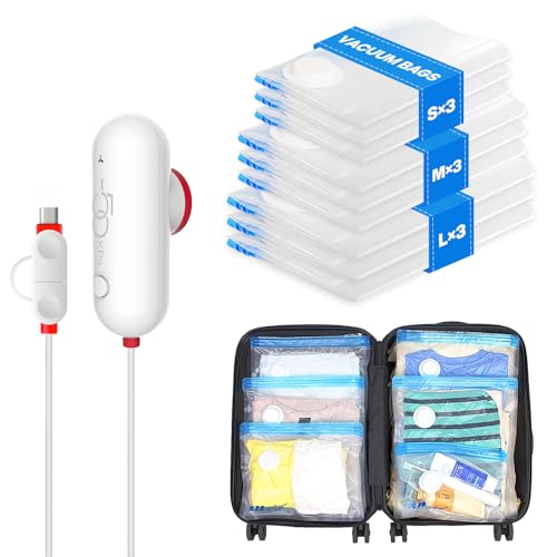 VMstr 9 Pack Travel Vacuum Storage Bags with USB Pump, Vacuum Packing Seal Bags for Luggage, Carry-on Size Space Saver for Clothes and Clothing Travel - style: 9 combo bags + USB pump