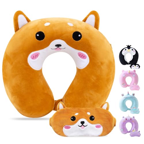 Cirorld Travel Pillow for Kids Adult Cute Neck Pillow for Traveling Memory Foam Airplane Pillow Sleep Mask Animal Flight Pillow Head Rest Neck Support for Cars Long Flights (Dog, 3-8 Y/O) - color: Dog, size: 3-8 Y/O