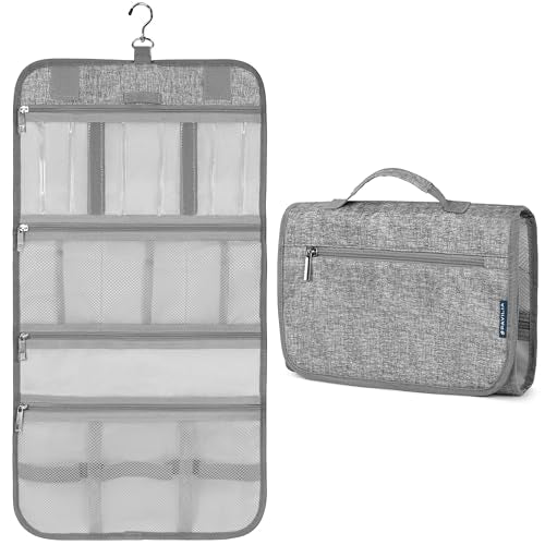PAVILIA Hanging Toiletry Bag for Women Men, Large Foldable Toiletries Organizer with Hook, Water-Resistant Makeup Cosmetic Rollup Case, Clear Pockets for Bathroom, Gym, Cruise (Heather Grey) - color: Heather Grey