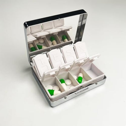 Travel Pill Organizer Small Pill Case for Purse Essentials 7 Days Cute Pill Box with Mirror Portable Pill Box for Pocket or Purse Pill Containe Travel Gifts (Stained Glass Hummingbird)