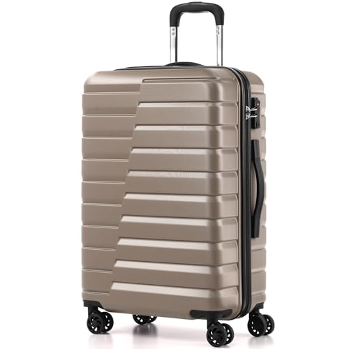 Coolife Medium Checked Luggage with Spinner Wheels, Hardside Suitcase TSA Lock Lightweight Travel Luggage 24-inch,Brown - color: brown, size: Medium(24in)