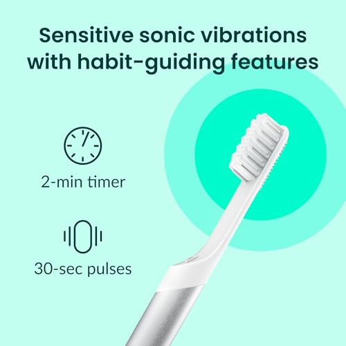 Quip Sonic Toothbrush for Adults with Timer - Includes Extra Brush Head and Travel Cover Mount - Electric, Soft Bristle Refill Head, Metal Handle, 3 Month Battery Life - Travel Toothbrush - Silver - color: Silver