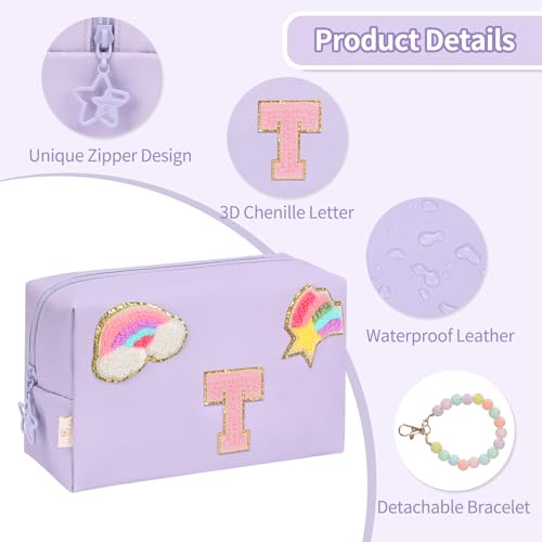Initial Makeup Bag for Girls, Cute Makeup Bag Small Cosmetic Bag Travel Make Up Organizer Pouch, Birthday Gifts for Girls 4 5 6 7 8 9 10 11 12 13 14 15 Years Old, Teen Girls Gifts Trendy Stuff - color: Purple + Bracelet, style: T