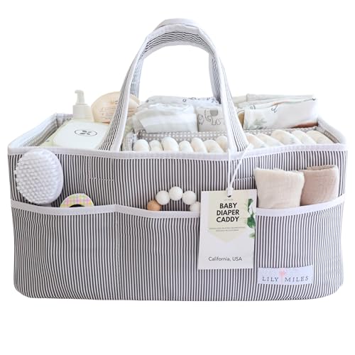 Lily Miles Baby Diaper Caddy Organizer, Baby Shower Basket for Newborn Boys or Girls, Nursery Must Haves for New Mom, Registry Favorites, Large Storage Tote for Changing Table or Car, Gray - color: Gray/Gray, size: Large