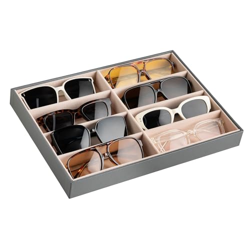 Frebeauty Sunglass Organizer,PU Leather Glasses Organizer,8-Slot Sunglasses Tray,Men's/Women's Sunglasses Box,Sunglass Case,13.3 x 9.6 x 1.5 Inches,Eyeglass/Eyewear Display Tray(Grey) - color: Grey, size: No Lid