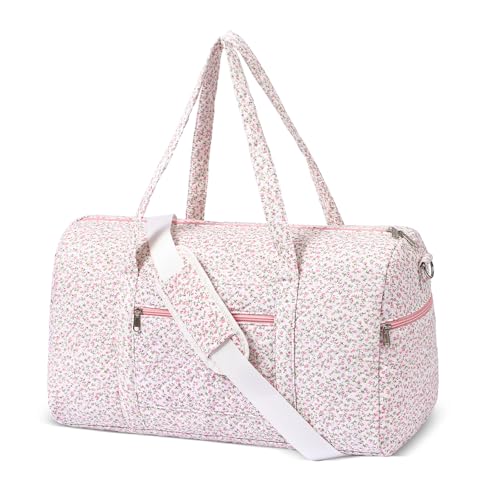 Gym Bag for Women, Cute Duffle Bag, Quilted Duffle Bag for Travel, Floral Duffle Bags, Weekend Bag with Zipper Pocket Dance Bag Organizer - color: A-Pink floral