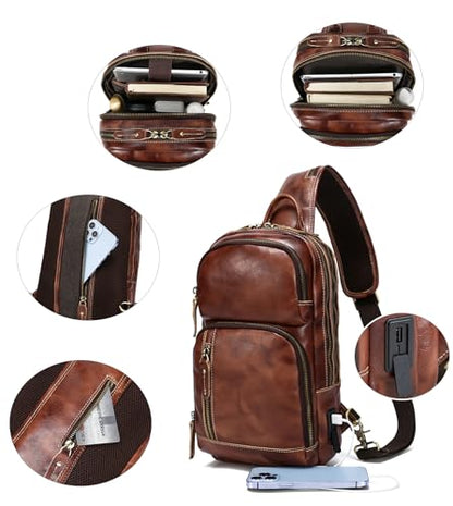LANNSYNE Full Grain Leather Sling Bag For Men Crossbody Chest Daypack fits 10.5" iPad - color: Coffee2 for 10.5" Ipad