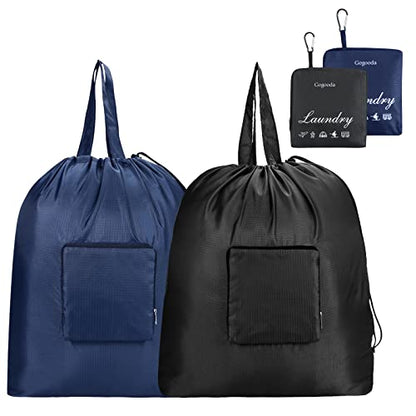 GOGOODA Travel Laundry Bags with Drawstring Closure XL Large Foldable Dirty Clothes bags with Handle Heavy Duty and Washable for College Dorm Travelling Camping, 2 Pack, Black & Dark Blue - color: Black & Dark Blue