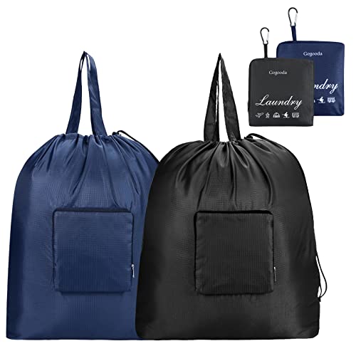 GOGOODA Travel Laundry Bags with Drawstring Closure XL Large Foldable Dirty Clothes bags with Handle Heavy Duty and Washable for College Dorm Travelling Camping, 2 Pack, Black & Dark Blue - color: Black & Dark Blue