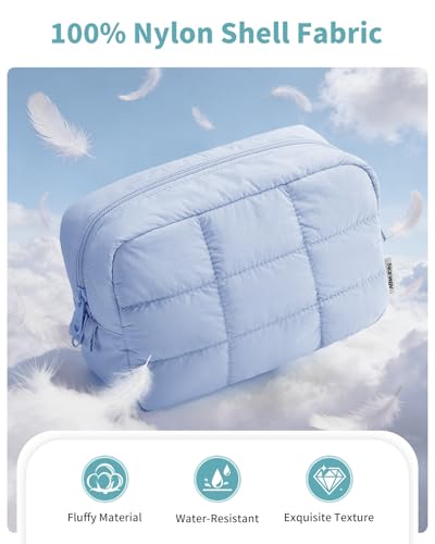 Narwey Quilted Makeup Bag for Women Girl, Puffer Travel Cosmetic Bag Puffy Make Up Bag Organizer, Cute Travel Toiletry Bag for Toiletries (Blue) - color: Blue