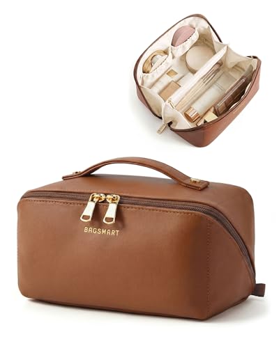 BAGSMART Makeup Bag Travel Cosmetic Bag, Large Make Up Bag Flat Open Toiletry Bag for Women, PU Leather Travel Essentials Organizer Case, Wide-open Pouch Purse for Skincare, Brushes, Coffee Brown - color: 09- Coffee Brown