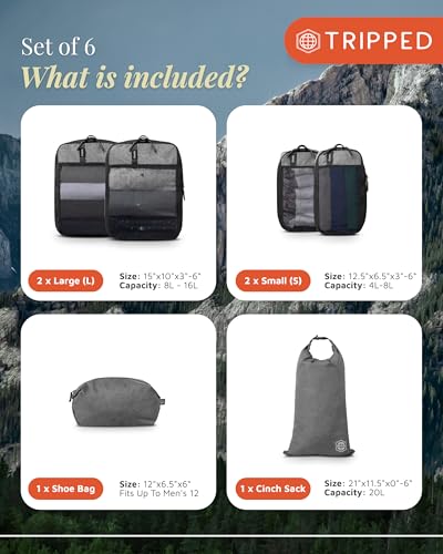 Compression Packing Cubes for Travel by TRIPPED – 6-Piece Premium Set with Laundry & Shoe Bag, Space Saving Travel Organizer Bags for Suitcase & Carry-On Luggage (Grey Mesh) - color: Grey Mesh - 6 Piece