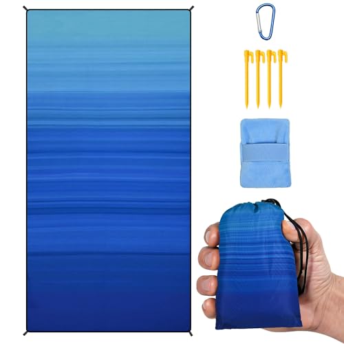 AISPARKY Pocket Beach Blanket Waterproof Sandproof Compact Picnic Mat with Sand Remover, Portable Outdoor Mat for Camping Hiking Travel Festival - color: Striped Blue Green Gradient, size: 39" X 79"