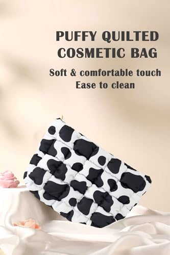 Puffy Quilted Makeup Bag, Cosmetic Bag, Travel Toiletry Organizer Pouch, Clutch for Women (Cow Print) - color: Cow Print