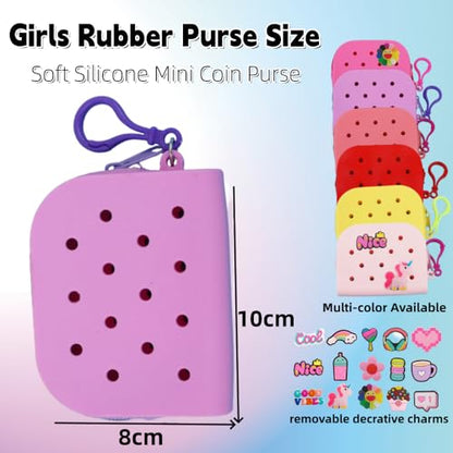 Soft Silicone Mini Coin Purse with Zipper and Cartoon Hole,with 15 pcs DIY Charms. Portable Keychain Pouch Organizer (Purple) - color: Purple