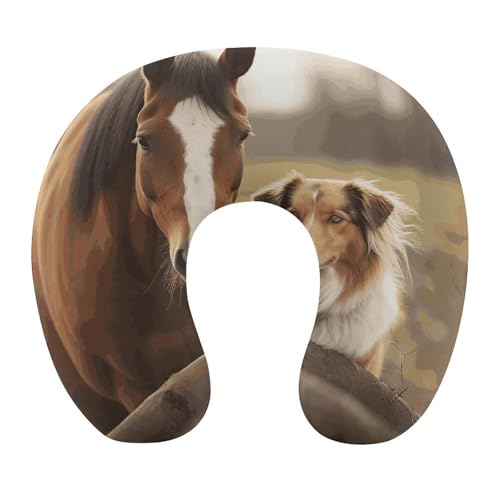 Collie Dog and Horse Together Travel Pillow Neck Rest Memory Foam U-Shaped Pillow Soft Comfortable Travel Neck Pillow Sleeping Rest Cushion Travel Accessories for Airplane Car Office