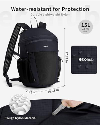 ECOHUB 15L Lightweight Casual Daypack, Packable Backpack for Daily Use, Hiking & Travel, Foldable Small Backpack with Stretch Mesh Pockets, Water-Resistant Nylon, Reflective Design - color: Black