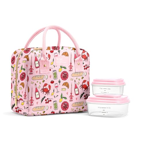Fit & Fresh Bloomington Lunch Bag for Women - Insulated Large Lunch Box for Work with Containers, Leak-Resistant, Stain-Resistant, Zipper Closure, Pink Pasta Dinner - color: Pink Pasta Dinner, size: One Size