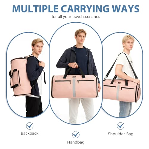 Garment Bags for Travel,50L Carry on Convertible Garment Duffle bag with Shoulder Strap,3 in 1 Hanging Suit Travel Bag with Shoulder Strap - color: Pink